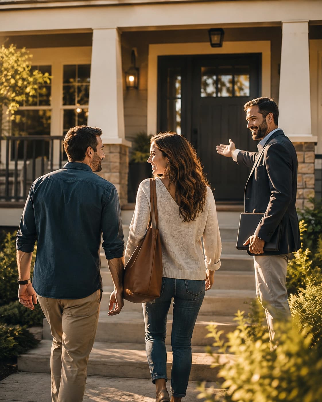 Buyers walking up to a home with their real estate agent