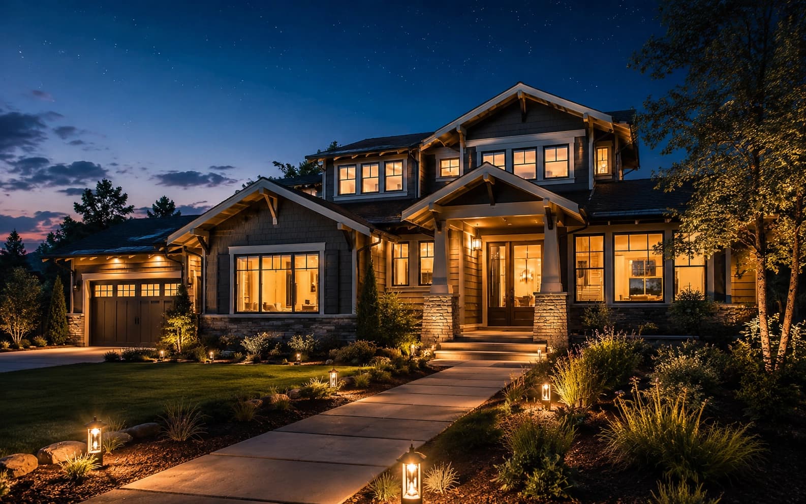 Editorial photograph of a modern home exterior at twilight